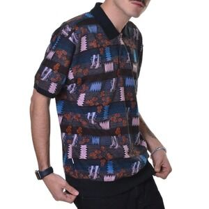 Obey Eddy Polo Short‎ Sleeve Shirt Black Multi Print Mens Medium NWT